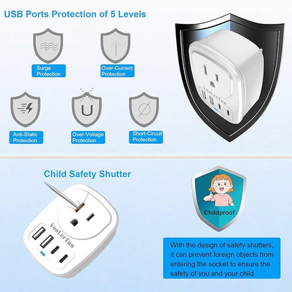 Type A Plug Travel Adapter,2 Packs Japan Plug Adapter, International Plug Travel Converter with 4 USB Ports and 1 American Outlet, US Socket to Philippine China Taiwan Travel essentials.