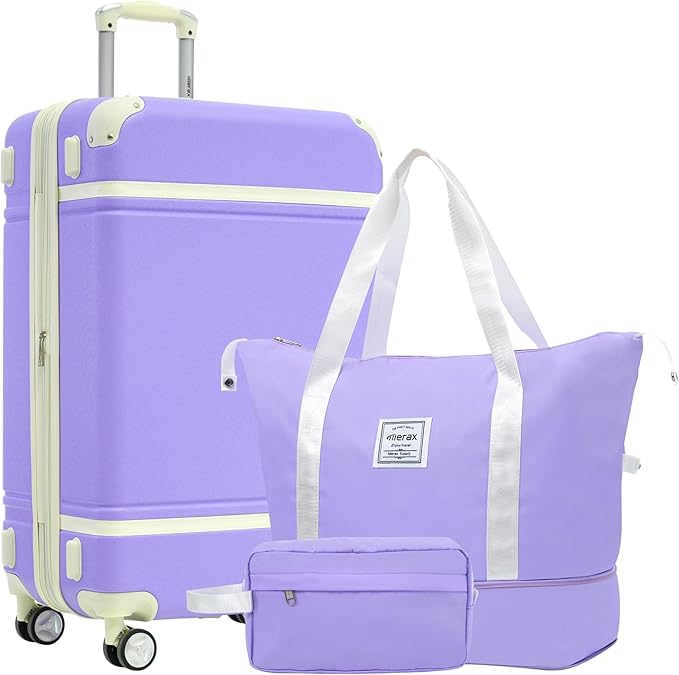 Merax Luggage Set,28 IN Hardside Suitcase with Duffel Bags,3 Piece Expandable Luggage with Spinner Wheels, Vintage Luggage with TSA Lock Lightweight,(Purple)