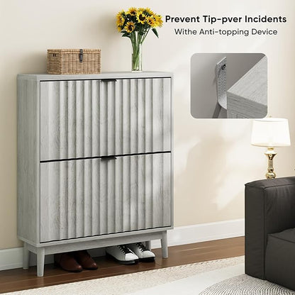 Shoe Storage Cabinet with 2 Flip Drawers, Walnut Fluted Narrow for Entryway, Slim Shoe Rack Cabinet Organizer 31.5in (Gray)