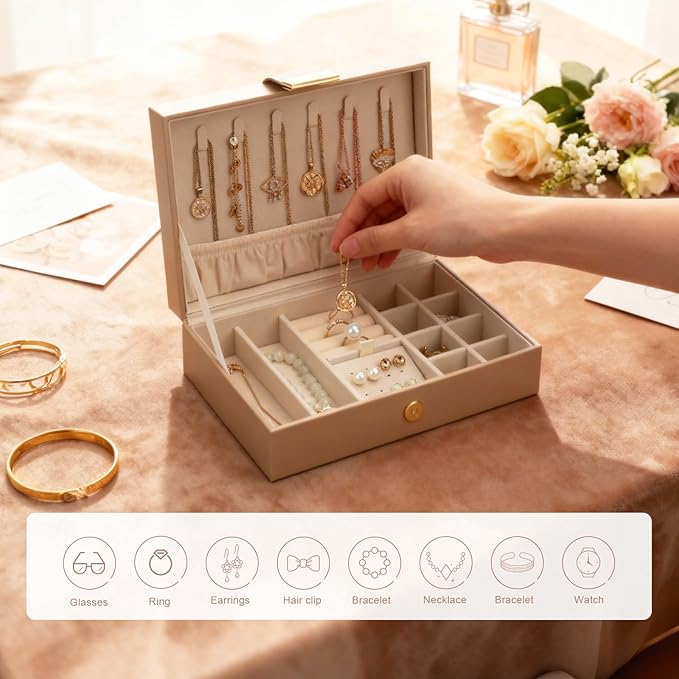 Tangle-Free Jewelry Organizer Single Layer Case with Secure Leather Strap for Necklaces, Rings, Earrings, Elegant Travel & Home Storage Apricot