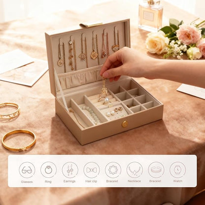 Tangle-Free Jewelry Organizer Single Layer Case with Secure Leather Strap for Necklaces, Rings, Earrings, Elegant Travel & Home Storage Apricot
