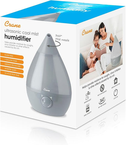 Crane Ultrasonic Teardrop Cool Mist Humidifier, Large 1 Gal Tank, Automatic Shut-Off, Baby Humidifiers for Nursery and Bedroom, Grey