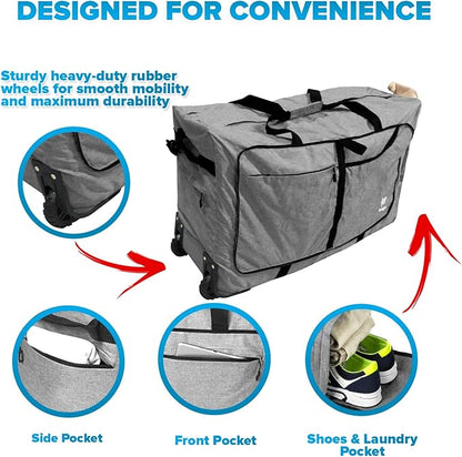 Bago Rolling Duffle Bag with Wheels - 31" 120L Foldable Weekender Bag, Waterproof Travel Duffel Bag, Heavy Duty Lightweight Duffle Bag for Traveling, Rolling Duffel Bag with Wheels (SnowGray0023)