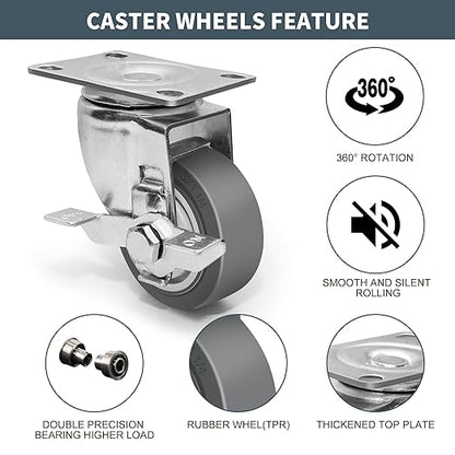 3 Inch Caster Wheels - Set of 4 Heavy Duty Rubber Castors With Brake 1200Lbs, Silent Industrial Plate Casters for Cart Furniture Workbench (2 Brake & 2 Swivel)