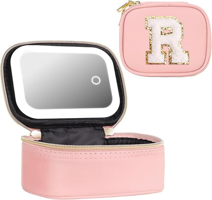 Mini Initial Makeup Bag With Led Mirror With Lights Gifts For Women Girls, Small Makeup Box For Travel Gift, Cosmetic Bag Make Up Organizer Personalized Bags Birthday Christmas Gifts For Womens (R)