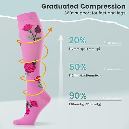 Floral Compression Socks for Women 20-30mmHg Knee High, Best for Ladies, Nurses, Pregnancy, Travel