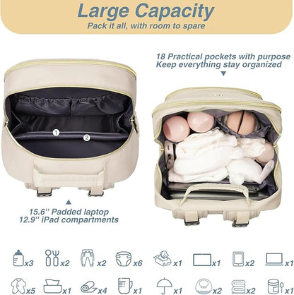 MOMUVO Diaper Bag Backpack, Quilted Baby Bag with Changing Pad and Stroller Straps and Pacifier Case, Multifunction Waterproof Travel Diaper Bags, Unisex, Beige
