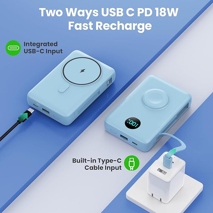 6 in 1 Magnetic Portable Charger for iPhone with Built-in Cables, 10800mAh 25W PD Fast Charging Power Bank, 6 Outputs Travel Essential Battery Pack for iPhone 17/16/15/14/13/12,Apple Watch (Sky Blue)
