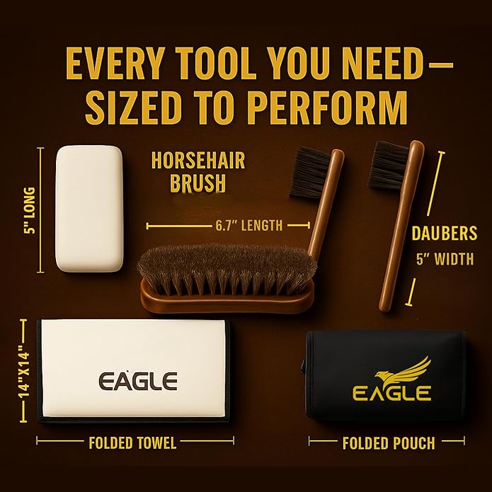 Eagle Shoe Shine Brush Kit 5-Piece Leather Care Set with Horsehair Brush, Daubers, Shine Sponge & Polishing Cloth for Shoes, Boots, Bags & Accessories