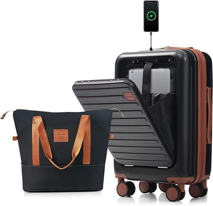 Merax Front Opening 20-Inch Carry-On Luggage with Expandable Travel Bag Set, ABS Hard Shell Two-piece Suitcase Set with USB Port, Cup Holder, ABS+black and brown