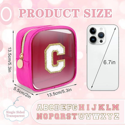 Mini Clear Personalized Initial Makeup Bag,Nylon Preppy A-Z Chenille Letter Patch Zipper Cosmetic Bag, Small Cute Beach Pouch Travel Purse Sanitary Napkin Storage Bag for Women Girls(Hot Pink-White C)