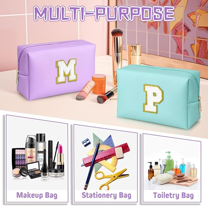 TOPEAST Initial Cosmetic Bag, PU Leather Waterproof Travel Toiletry Bag, Monogrammed Gifts for Women, Personalized Birthday Gift for Sister Friends, Cute Stuff for Girls (Purple K)