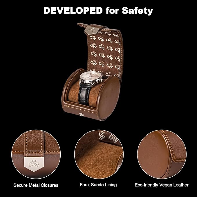 DUKWIN Watch Roll,Vegan Leather Travel Single Watch Case Organizer with Removable Pillows for Men and Women, Display Case for All Watches Collection and Gift for Anniversary Birthday(Brown Storage)
