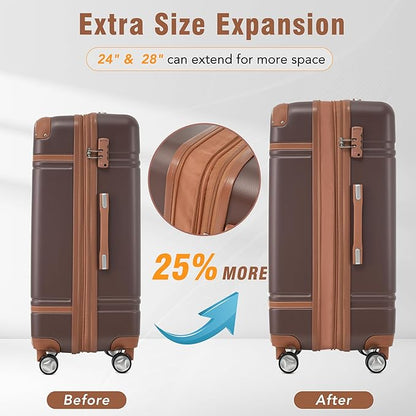 Merax Luggage Set 3 Piece Suitcase Set with Cosmetic Case Expandable Spinner Wheels Vintage Luggage Sets(Brown,20"+24"+28")