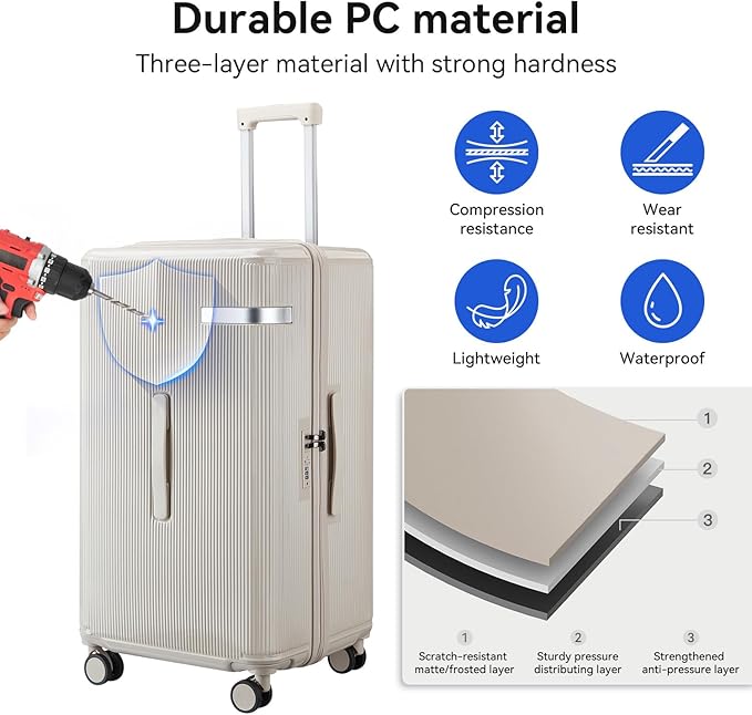 Travel Luggage Sets 3 Piece with Spinner Wheels, PC Hardside Suitcase Set for Family Trips with Cup and Phone Holder, Beige