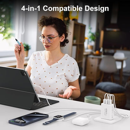 40W USB C Charger Block for iPhone 17/17 Pro/17 Pro Max/Air/16/16 Pro/16 Pro Max/16 Plus/15/15 Pro Max/14 13 12 11 Pro Max XS XR X, 4-Port PD+QC Multiport Power Adapter Type C Fast Charging Brick Cube