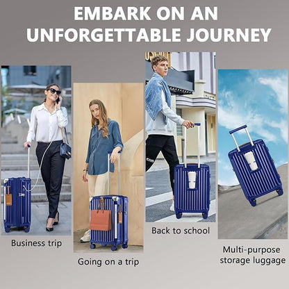 Joyway Carry On Luggage, Expandable Suitcase with Smart Cup Holder and USB Port, 20 IN Hardside Checked with TSA Lock Spinner Double Wheels, Blue