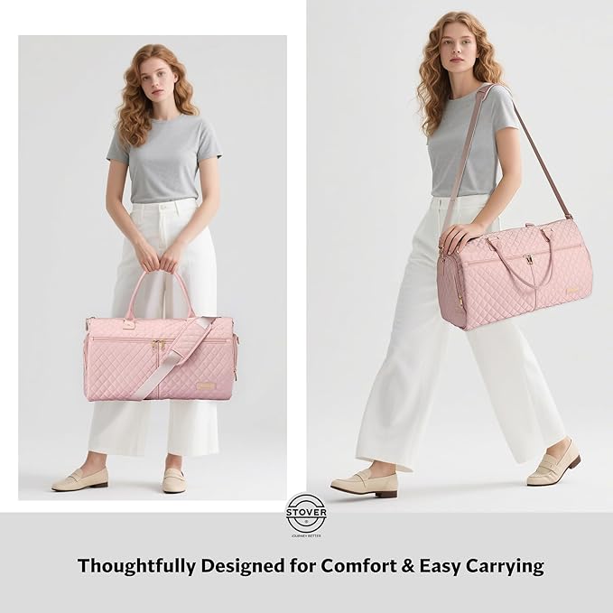 STOVER Women’s Convertible Garment Duffel Bag for Travel – 2-in-1 Carry-On Weekender/Overnight Tote - Wrinkle-Free Dresses, Hanging Suits & Clothes Plus Shoe Compartment & Bonus Toiletry Bag (Pink)