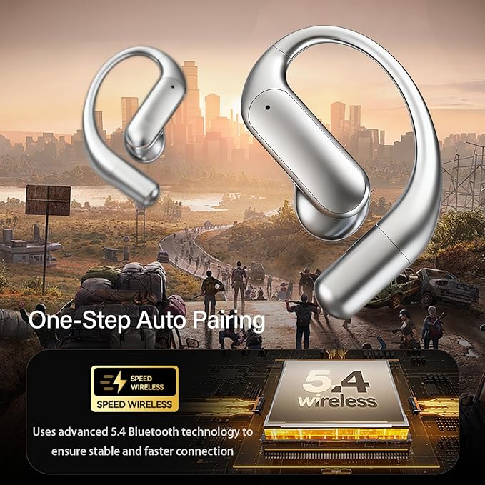 Wentronic Open Ear Headphones, Wireless Earbuds Bluetooth 5.4 with Digital Display, Secure Earhook, 48H Playtime, Enhanced Sound, Clear Calls, IP55 Waterproof Ultra-Light Sports Headphones - Silver
