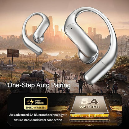 Wentronic Open Ear Headphones, Wireless Earbuds Bluetooth 5.4 with Digital Display, Secure Earhook, 48H Playtime, Enhanced Sound, Clear Calls, IP55 Waterproof Ultra-Light Sports Headphones - Silver