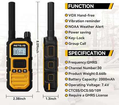 Retevis RB48 Plus Heavy Duty Walkie Talkies with Earpiece, IP67 Waterproof Two Way Radios, Long Range 2 Way Radio, Group Call, VOX, SOS, NOAA (4 Pack)