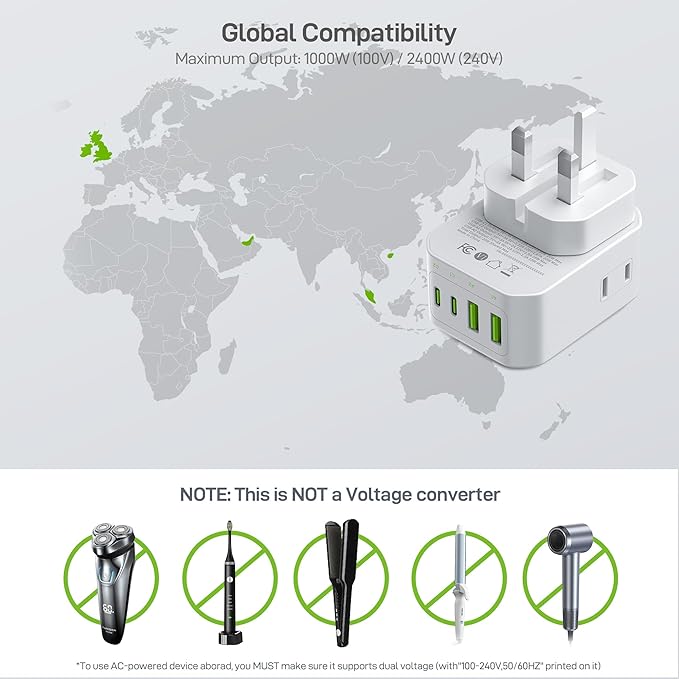 EPICKA Hybrid International Power Adapter for US to England, Foldable & Detachable Type G (UK) VisaPlug, 8-in-1 Travel Plug Adapter with 4 USB Ports (2 USB-C PD 20W), Travel Dormestic Essentials