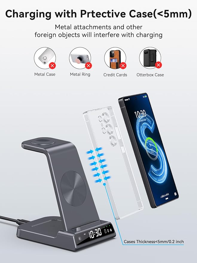 Wireless Charger for Samsung Charging Station with Clock for Samsung Galaxy S25 Ultra/S24/Z Fold 7/Flip 7/6/Bud, 3 in 1 Android Charging Station, Watch Charger for Samsung Galaxy Watch 8/7/6/5 (Grey)