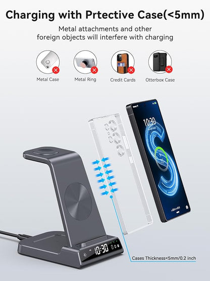 Wireless Charger for Samsung Charging Station with Clock for Samsung Galaxy S25 Ultra/S24/Z Fold 7/Flip 7/6/Bud, 3 in 1 Android Charging Station, Watch Charger for Samsung Galaxy Watch 8/7/6/5 (Grey)