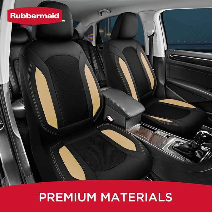 Rubbermaid Leather Mesh Car Seat Covers, Breathable Air Mesh Front Seat Cover, Universal Fit Slip-on Design, Airbag Compatible, Automotive Seat Protector for Most Cars, SUVs, Trucks, Vans-Beige