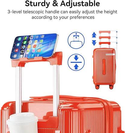 Travel Luggage Sets 3 Piece with Spinner Wheels, PC Hardside Suitcase Set for Family Trips with Cup and Phone Holder, Orange