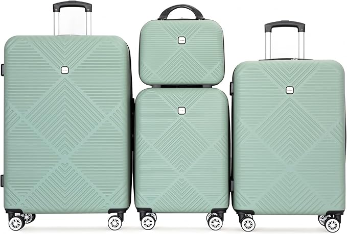 Luggage 4 Piece Set, Hardshell ABS Suitcase Set with Double Spinner Wheels, Lightweight Durable Large Luggage set, Carry On and Checked Travel Luggage, Olive Green