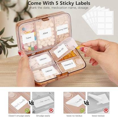 FYY Weekly Pill Organizer with Labels,8 Compartments Travel Daily Pill Case Airtight Moistureproof Large Pill Box to Hold Vitamins, Fish Oil, Supplements,Cotton Swab and Bandages-Brown