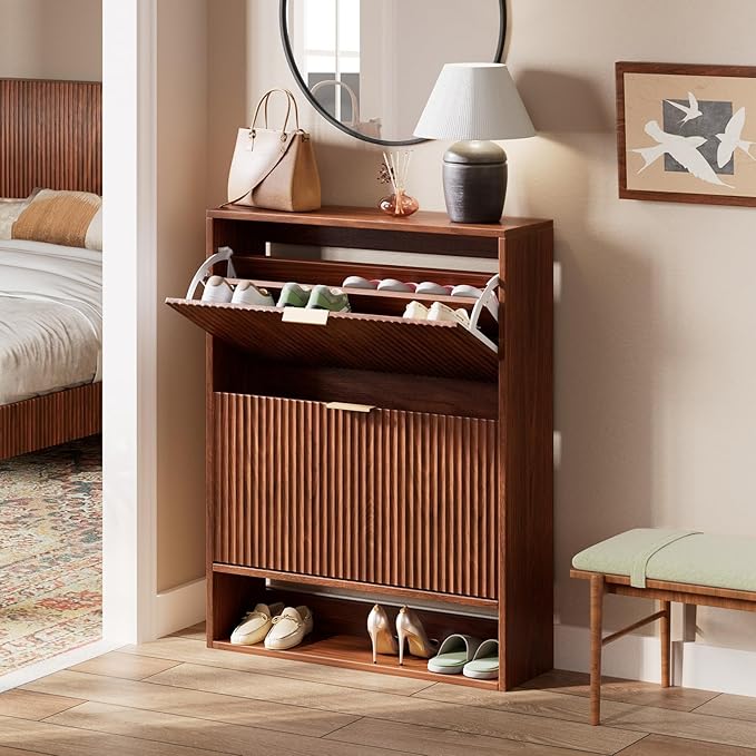 Evermagin 31.5''W Walnut Shoe Cabinet Storage for Entryway, Fluted Slim Shoe Dresser with 2 Flip Drawers, Narrow Shoe Rack Cabinet, Hidden Shoe Organizer Cabinet for Entrance, Hallway