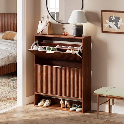 Evermagin 31.5''W Walnut Shoe Cabinet Storage for Entryway, Fluted Slim Shoe Dresser with 2 Flip Drawers, Narrow Shoe Rack Cabinet, Hidden Shoe Organizer Cabinet for Entrance, Hallway