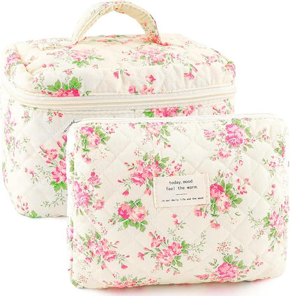 2Pcs Cotton Quilted Makeup Bag for Women Extra Large Small Travel Cosmetic Bag Set Cute Pink Floral Print Makeup Pouch Portable Toiletry Bag Organizer Coquette Vintage Puffy Travel Essential