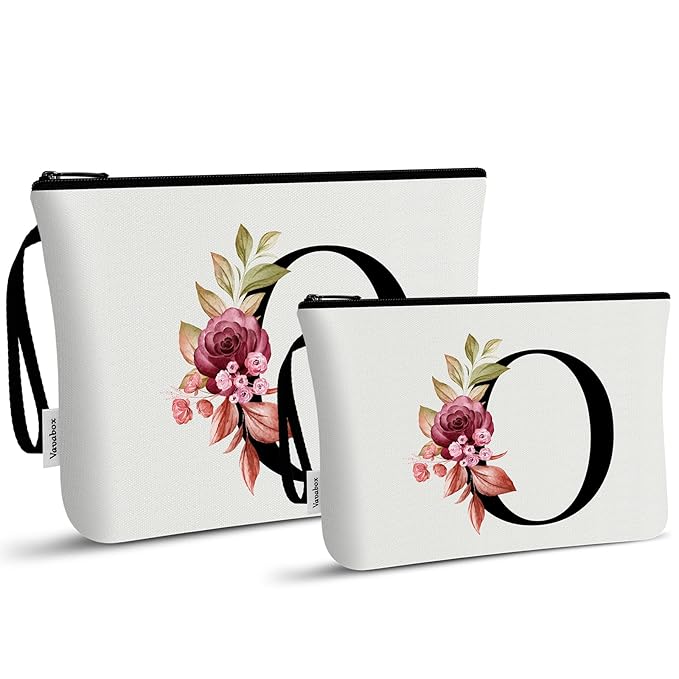 Vavabox A-Z Personalized Makeup Bag, Birthday Gifts for Women Mom, Gifts for Best Friend, Bride Bridesmaid Cosmetic bag (O, 03-White Set)