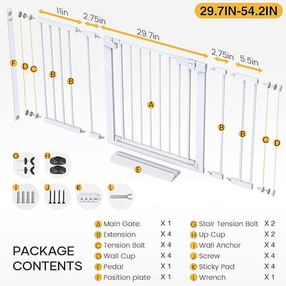 Cumbor 29.7-54.2" Wide Baby Gate for Stairs, Mom's Choice Awards Winner-Self Closing Dog Gate Indoor for Doorways, No Drilling Pressure Mounted Pet Gates for Kids, Easy Walk Through Safety Gate, White