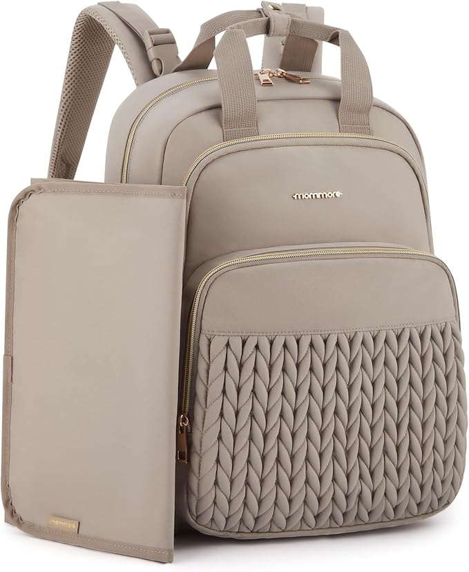 mommore Diaper Bag Backpack Large Baby Bag for Boys Girls Quilted Travel Diaper Backpack with Changing Pad, Stroller Straps