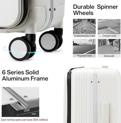 Hanke Grace Hard Shell Suitcases with Wheels,20 Inch Carry On Luggage Airline Approved with Aluminum Frame, Travel suitcase with Front Pocket Travel Luggage for Short Business Trips, Smoke White.