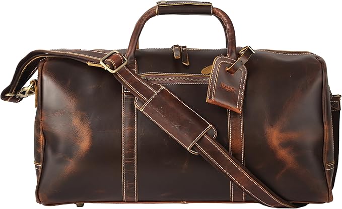 KomalC Leather Duffle Bags for Men and Women Travel Overnight Weekend sports bag holdall Gym Duffel for Men (Dark Tan, 20 Inch)