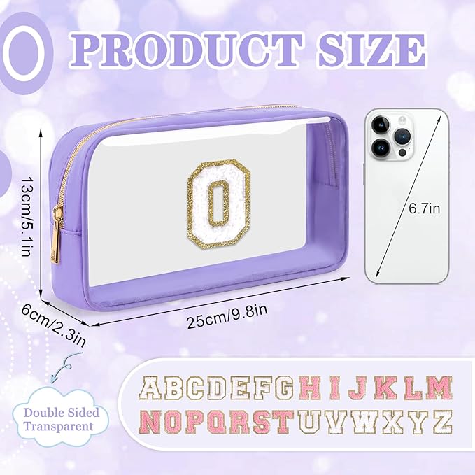 Small Clear Personalized Initial Makeup Bag,Preppy Nylon A-Z Chenille Letter Patch Makeup Organizer TSA Approved Travel Toiletry Bag,Waterproof Zip Beach Cosmetic Pouch Purse for Women(Purple-White O)
