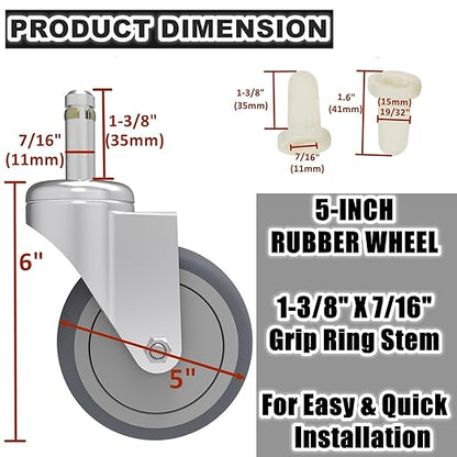 5-Inch Swivel Caster Wheels, 7/16-Inch Stem Diameter Rubber Wheel, Heavy Duty TPR Thermoplastic Rubber Replacement Wheels, 225-lb per Wheel- 4 Pack