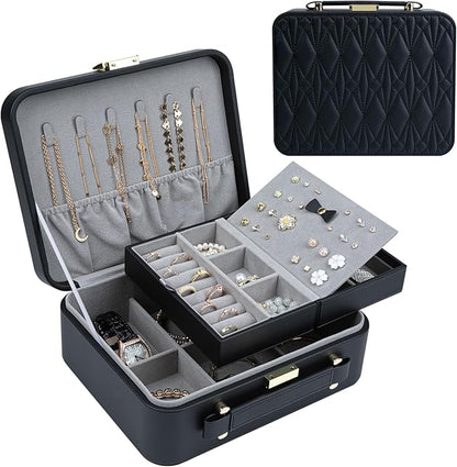 Travel Jewelry Box Jewelry Storage Case Jewelry Suitcase for Women and Men 2 Layer Jewelry Organizer Box with Removable Tray (Black)
