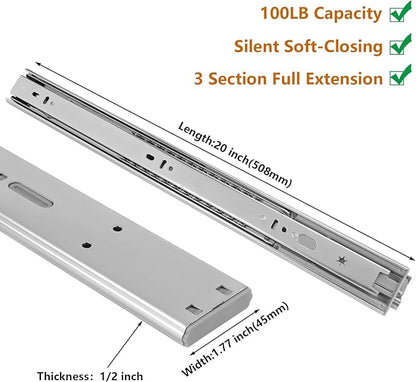 LONTAN 10 Pairs Soft Close Drawer Slides 20in SL4502S3-20 Ball Bearing Full Extension Dresser Drawer Glides Side Mount Heavy Duty Cabinet Rails 100lb Capacity