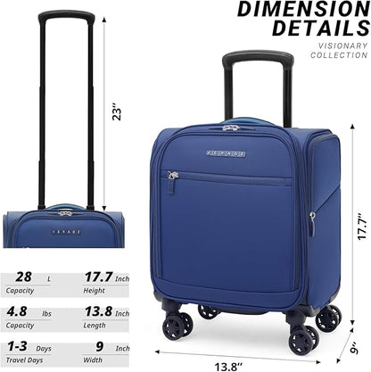 Verage Under Seat Luggage with Wheels, Softside Small Suitcase Spinner Carry On Luggage Bags for Airlines Airplanes Short Trip Men Women (Navy, 14.5-Inch Plus Underseat)