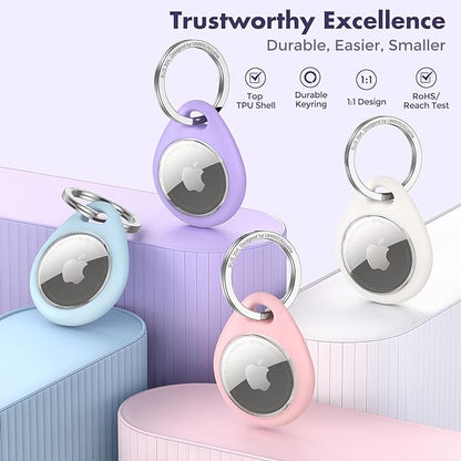 UNBREAKcable 4 Pack Macaron Colored for Apple AirTag Holder [Hold Air Tag Securely] [Easy to Install] Protective Case Waterproof TPU Shell with 304 Stainless Steel Key Ring Keychain