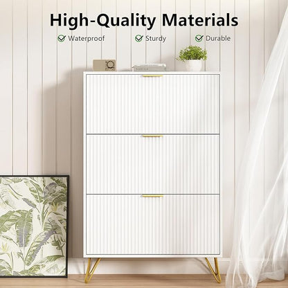 Shoe Storage Cabinet with 3 Flip Drawers, 31.5" W Fluted Shoe Cabinet for Entryway, Hidden Shoe Cabinet Storage, Narrow Free Standing Shoe Orgnaizer Rack Cabinet for Foyer Hallway, White