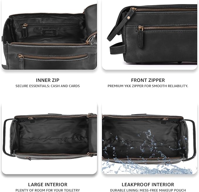 LEATHER VILLAGE Premium Leather Travel Toiletry Bag - Water-Resistant Dopp Kit for Toiletries, Large Shaving Bag & Bathroom Organizer - Gift for Men & Women - Distressed Black