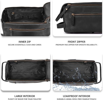 LEATHER VILLAGE Premium Leather Travel Toiletry Bag - Water-Resistant Dopp Kit for Toiletries, Large Shaving Bag & Bathroom Organizer - Gift for Men & Women - Distressed Black