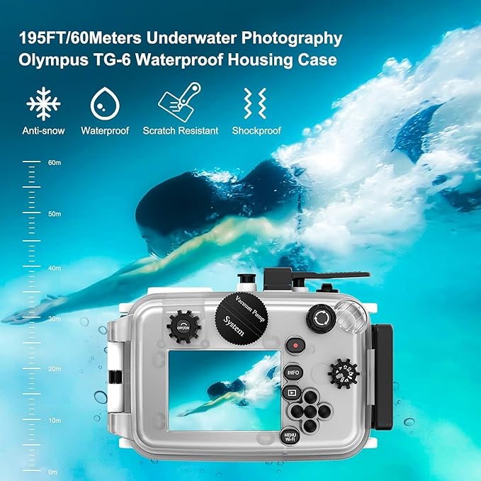 Sea frogs Camera Housing Compatible with Olympus TG6,Waterproof IPX8 Rated, 60m/197ft Depth Protection Underwater Camera Case, White